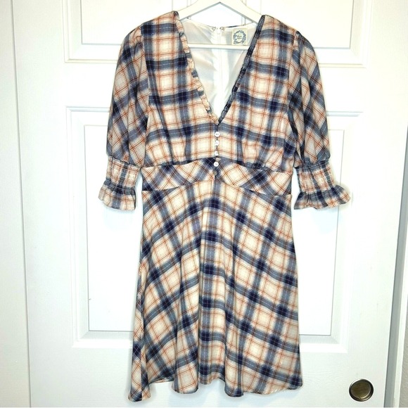 Francesca's Plaid Print Mini Dress Puff Sleeve Cottagecore Casual V‎ Neck Large - Picture 1 of 5
